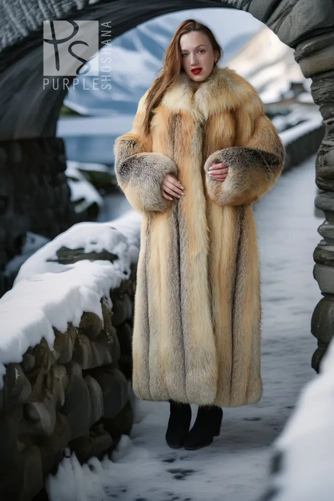 Golden fox fur coat front view with voluminous shoulders and gray fur cuffs
