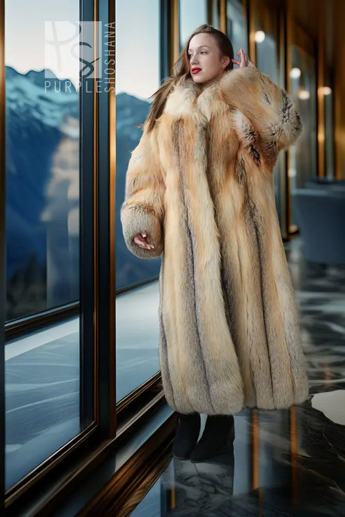 Golden island fox fur coat, straight full-length cut with gray cuff accents