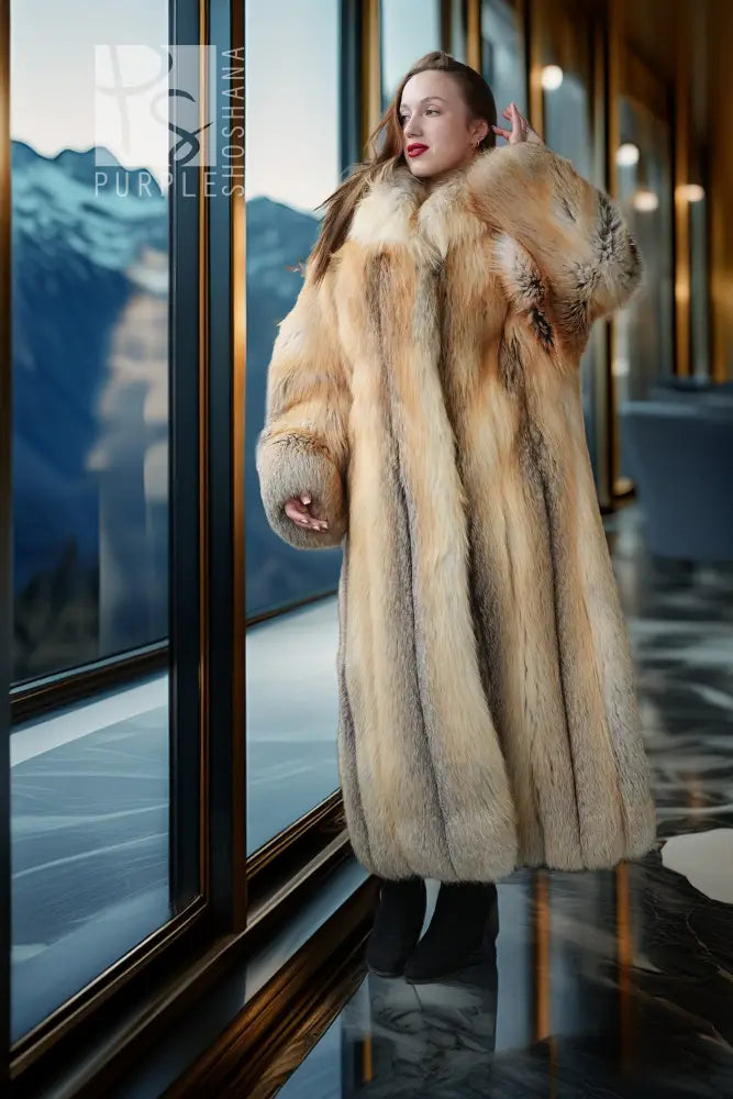 Golden island fox fur coat, straight full-length cut with gray cuff accents