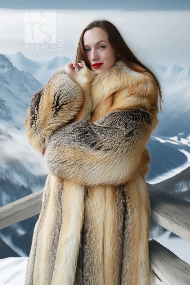 Golden island fox fur coat, close-up on collar and darker gray fur paneling