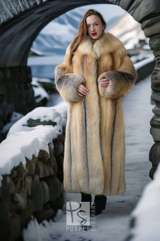 Golden fox fur coat front view with voluminous shoulders and gray fur cuffs