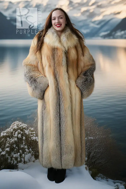 Purple Shoshana Furs: langer Islandfuchs-Fellmantel mit weitem Kragen und voluminösen Taschenärmeln
