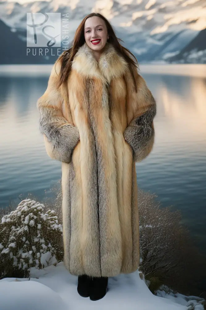 Purple Shoshana Furs: langer Islandfuchs-Fellmantel mit weitem Kragen und voluminösen Taschenärmeln