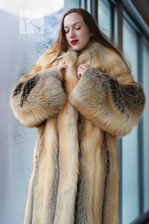 Purple Shoshana Furs fox fur coat, open front with wide plush collar and cuffs