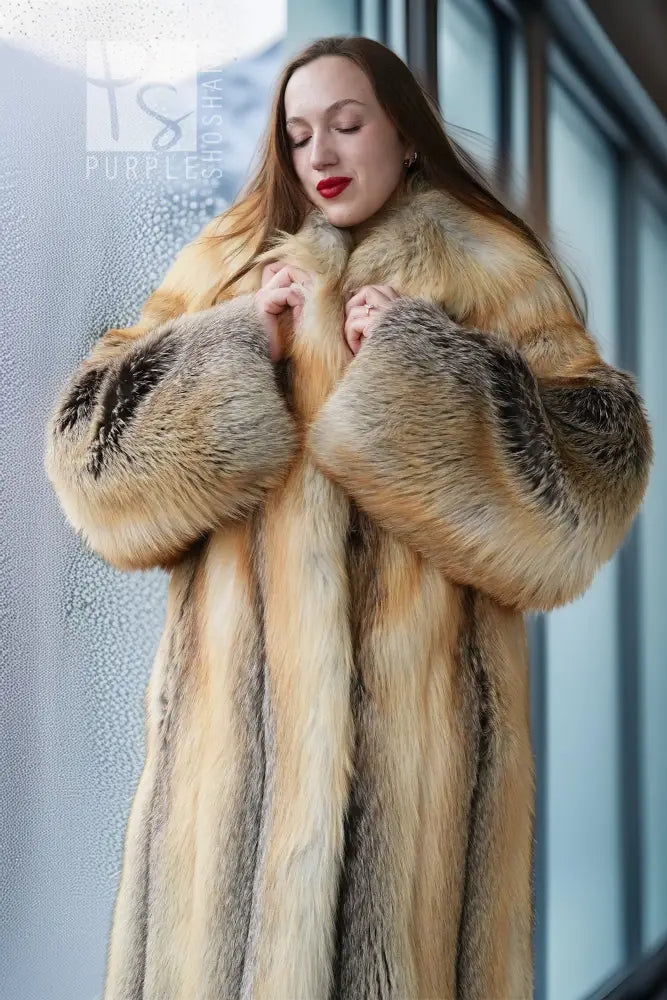 Purple Shoshana Furs fox fur coat, open front with wide plush collar and cuffs