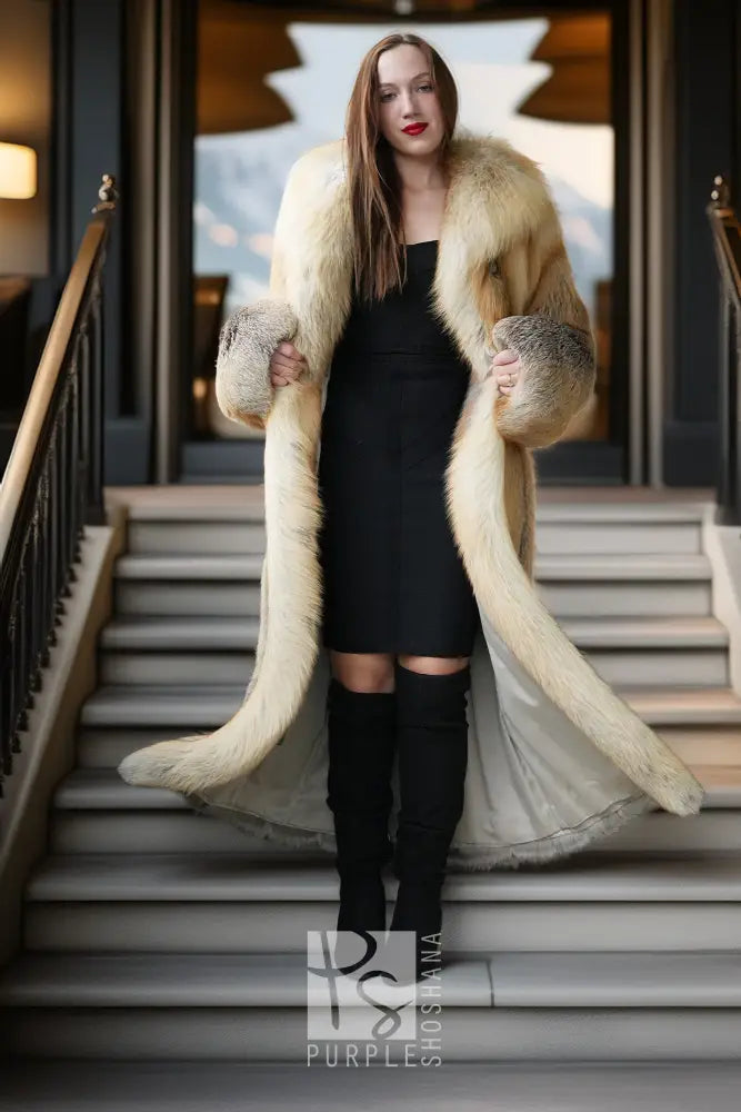 Golden fox fur coat on open stairs; voluminous full-length coat and gray cuffs