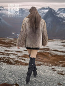 Raccoon Dream rear view hooded faux fur jacket, taupe-brown, open front, short length