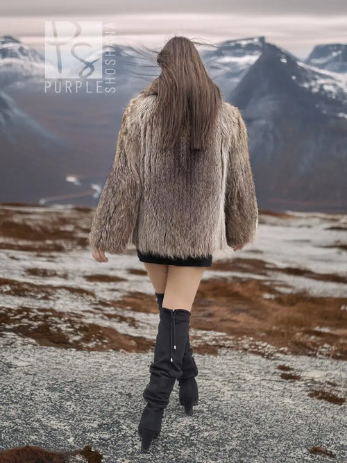 Raccoon Dream rear view hooded faux fur jacket, taupe-brown, open front, short length