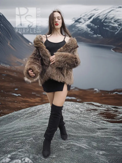 Brown shaggy fur jacket with open front and wide cuffed sleeves.