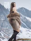Raccoon Dream hooded faux fur jacket, taupe-brown, side/back view, open front