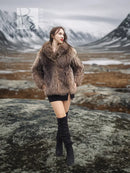 Brown faux-fur jacket with high collar and long sleeves, front view on a model.