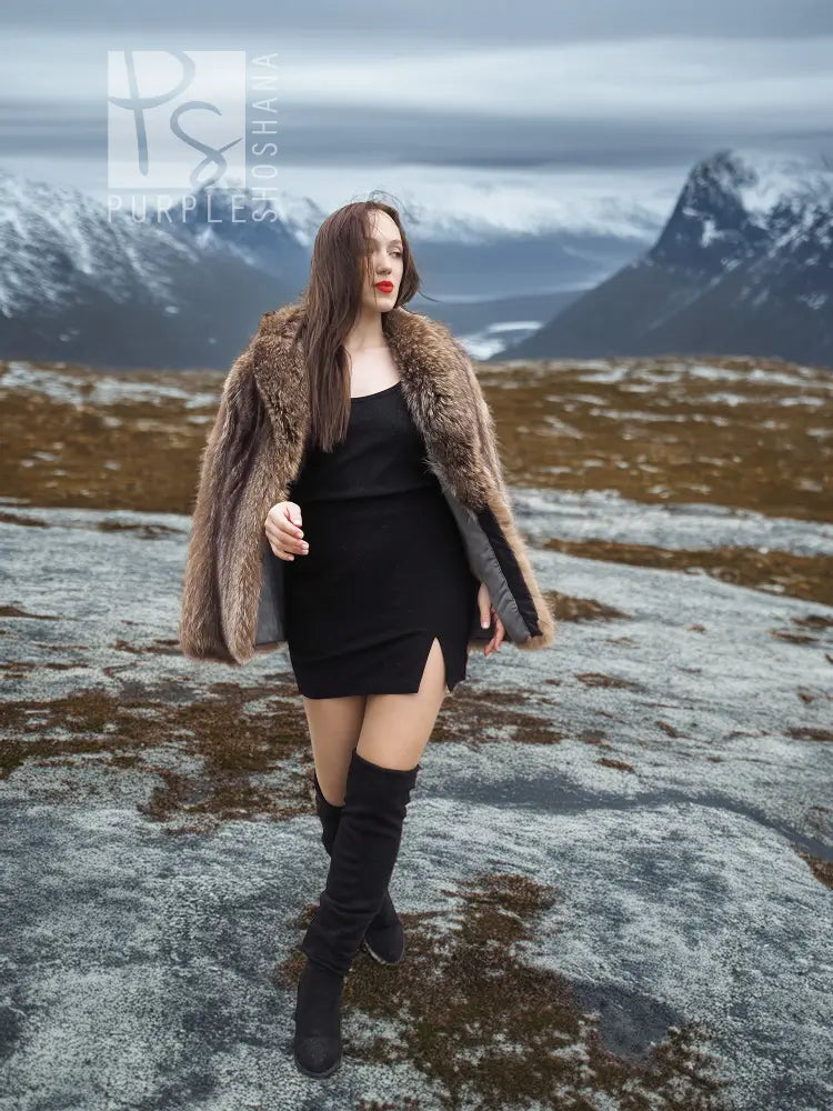 Brown faux fur jacket with open front and long sleeves draped at sides.