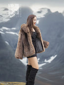 Raccoon Dream faux fur jacket with hood, taupe-brown, open front, long sleeves