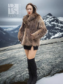 Raccoon Dream hooded faux fur jacket, taupe-brown, open front, long sleeves