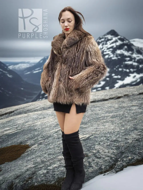 Raccoon Dream hooded faux fur jacket, taupe-brown, open front, long sleeves