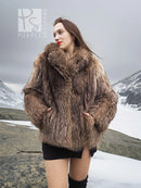 Brown faux-fur jacket with high collar, long sleeves, and front button closure.