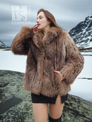 Brown faux-fur jacket with high collar and textured shag fabric, side pose on a model.