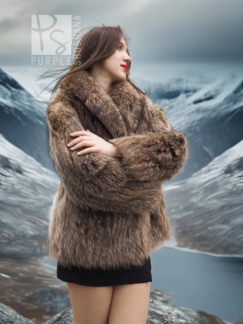 Brown faux-fur jacket with high collar and long sleeves, close side view of the front.