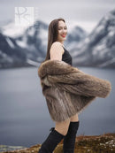 Raccoon-fur dream jacket, brown open-front with cropped sleeves.
