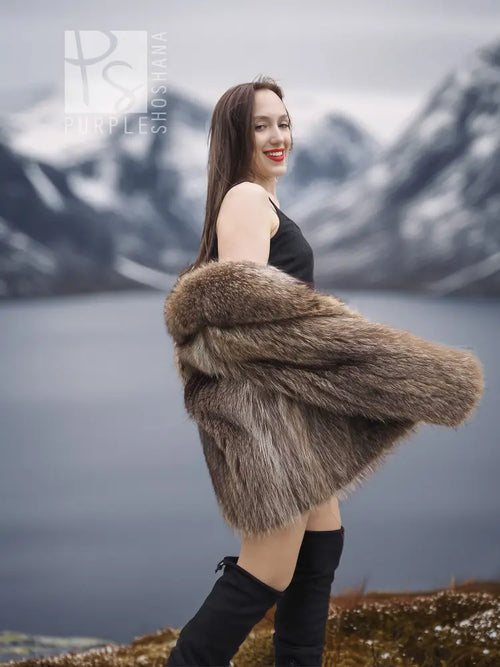 Raccoon-fur dream jacket, brown open-front with cropped sleeves.