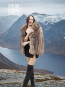 Raccoon Dream short hooded faux fur jacket, taupe-brown, open front, long sleeves