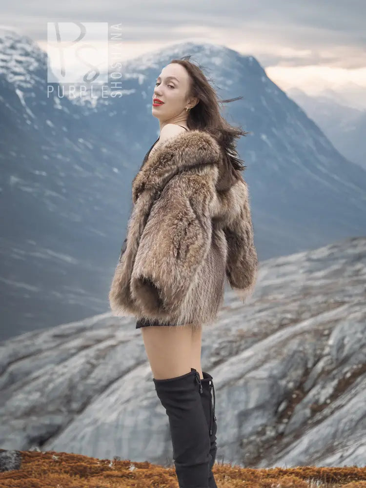 Raccoon Dream hooded faux fur jacket, taupe-brown, open front, long sleeves