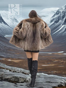 Raccoon Dream jacket rear view: hood and shaggy taupe-brown faux fur, open front