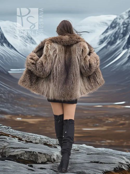 Raccoon Dream jacket rear view: hood and shaggy taupe-brown faux fur, open front