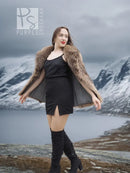 Raccoon Dream faux fur jacket with hood, taupe-brown, open front, long sleeves