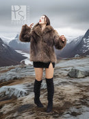 Brown faux-fur jacket with high collar, long sleeves, and full front coverage.