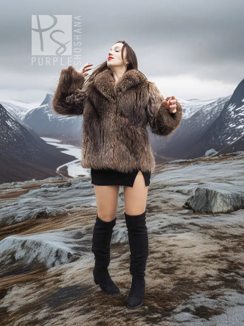 Brown faux-fur jacket with high collar, long sleeves, and full front coverage.
