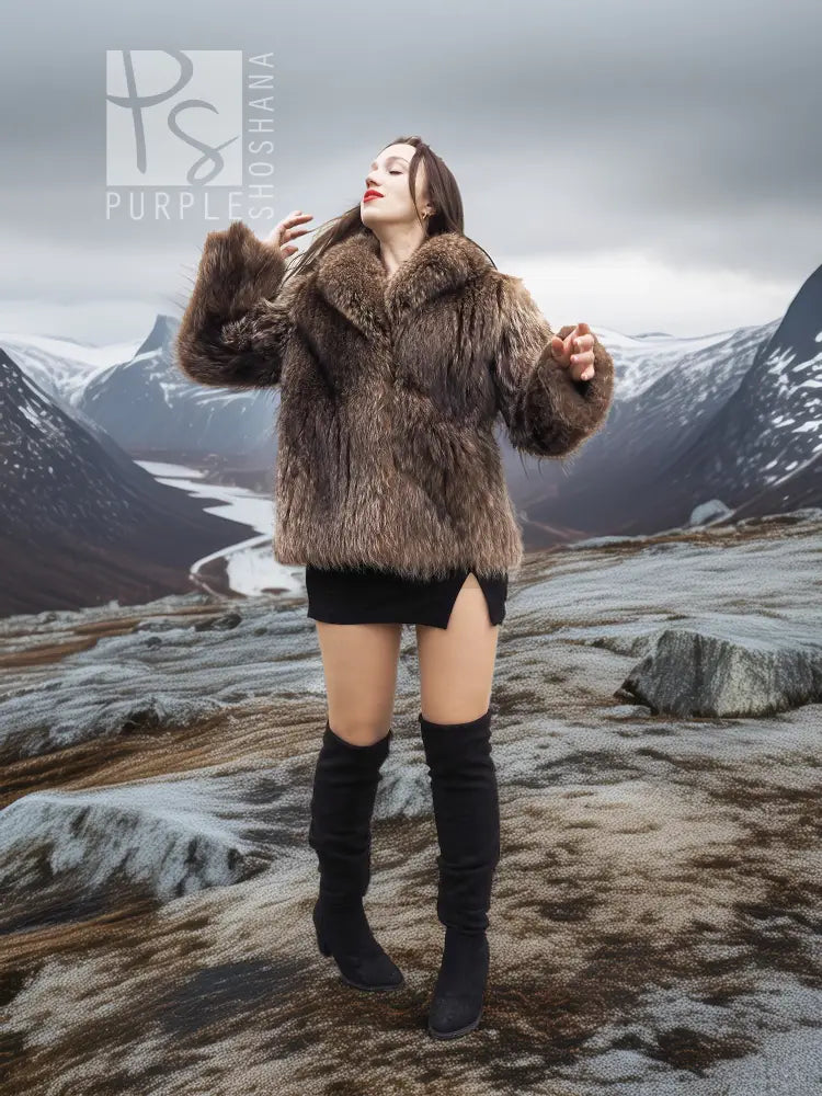 Brown faux-fur jacket with high collar, long sleeves, and full front coverage.