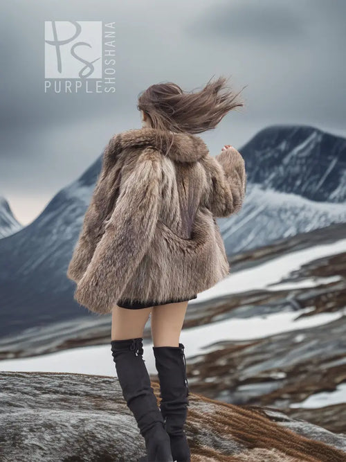 Raccoon Dream jacket back view with hood, shaggy taupe-brown faux fur, open front