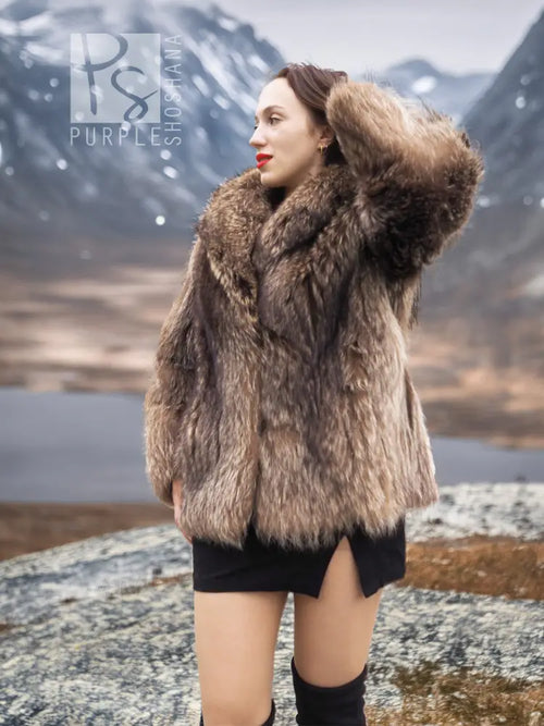 Raccoon Dream hooded faux fur jacket, shaggy taupe-brown, open front, long sleeves