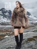 Brown shaggy fur jacket with open front, long sleeves, and high collar.
