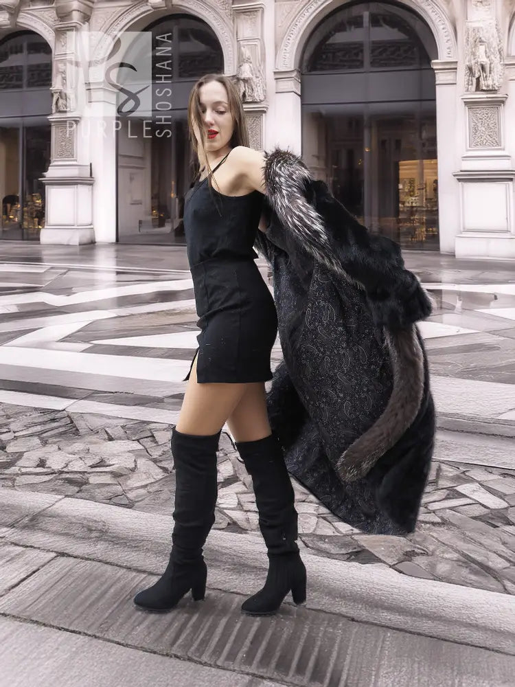 Black mink coat with silver fox fur trim collar and draped long sleeves