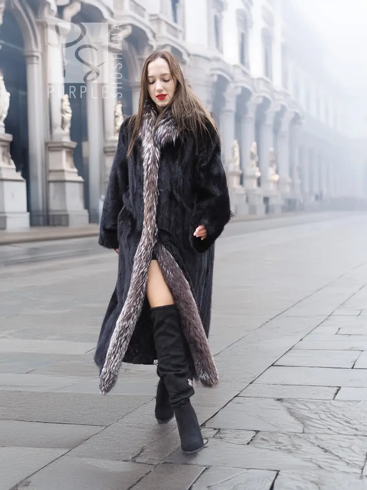 Black mink coat with silver fox trim, front slit and long length