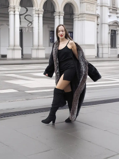 Black mink coat with silver fox fur collar, open front and long sleeves
