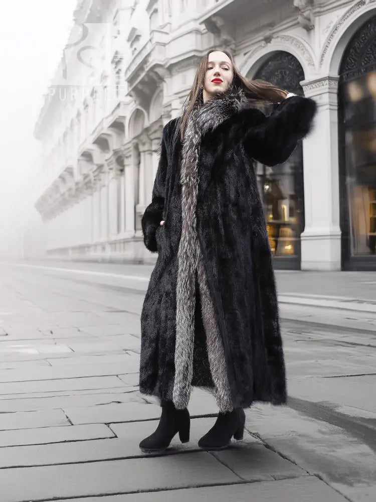 Front view of black mink coat with silver fox collar, hoodless style