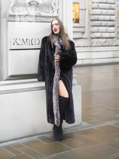 Black mink coat with silver fox collar and long fur sleeves