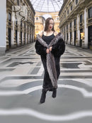 Black mink coat with silver fox fur collar, open front and long length