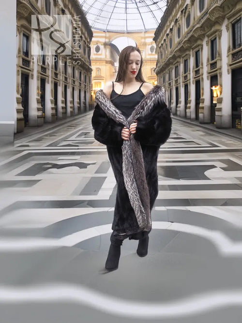 Black mink coat with silver fox fur collar, open front and long length