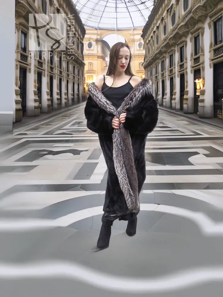 Black mink coat with silver fox fur collar, open front and long length