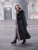 Black mink coat with silver fox fur collar and long open front