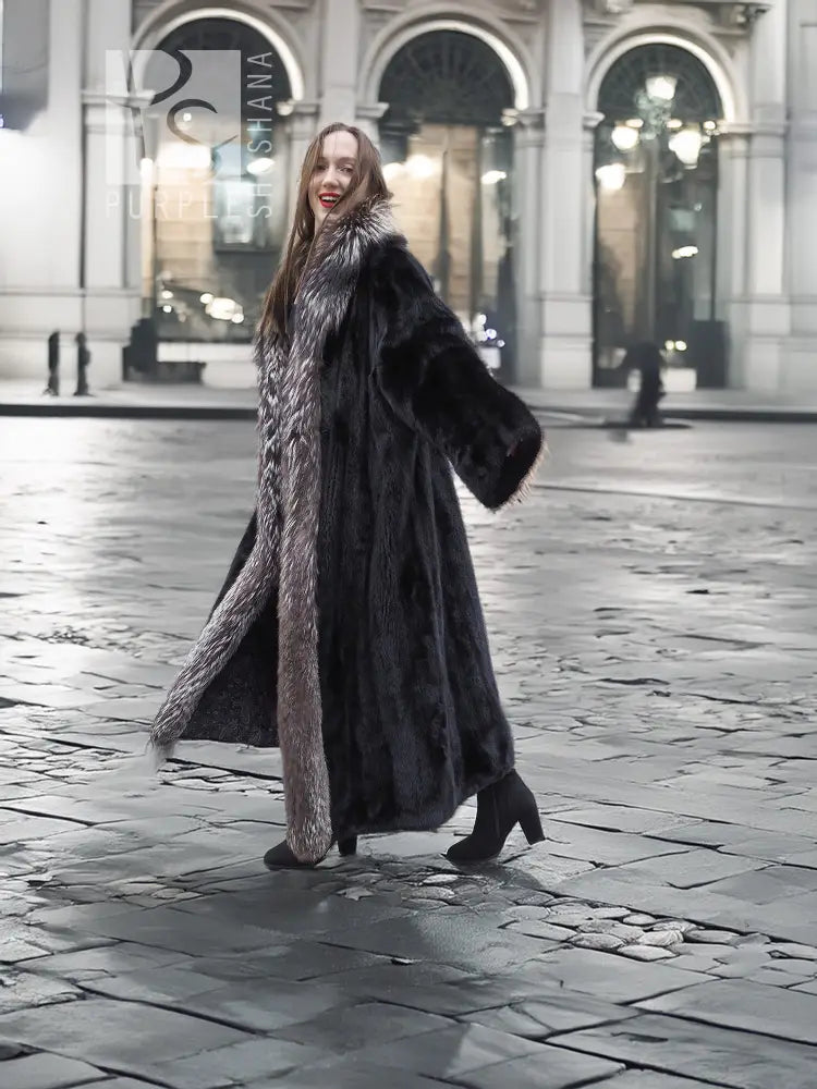 NAFA Female Black Mink Coat With Silver fox Collar L/XL