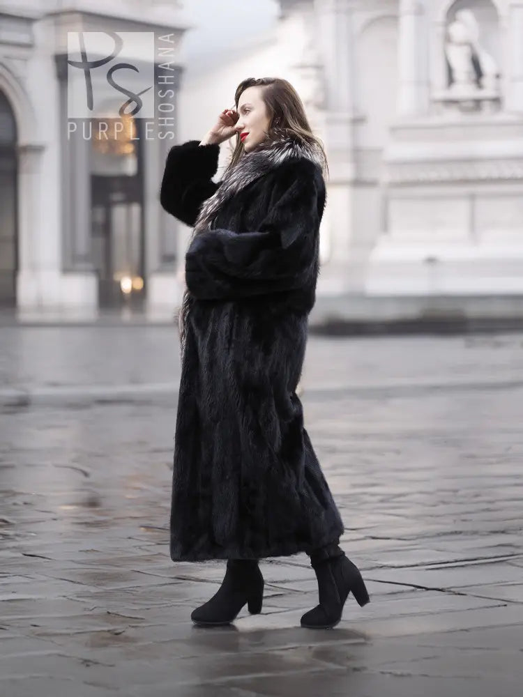 NAFA Female Black Mink Coat With Silver fox Collar L/XL