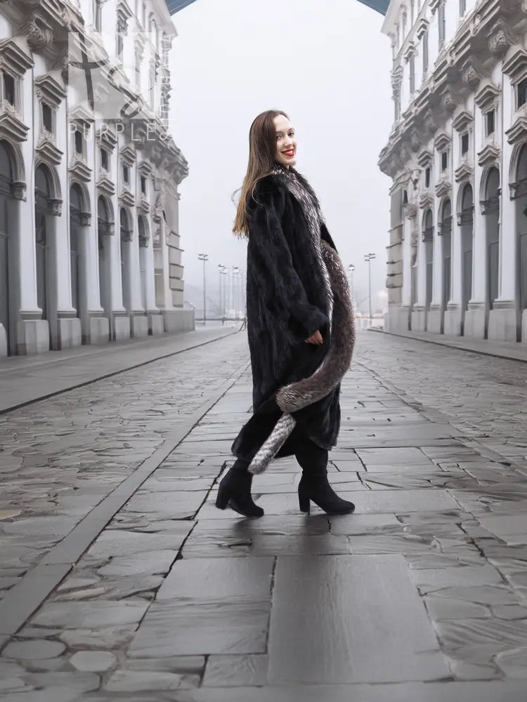 Black mink coat with silver fox trim, walking full-length portrait