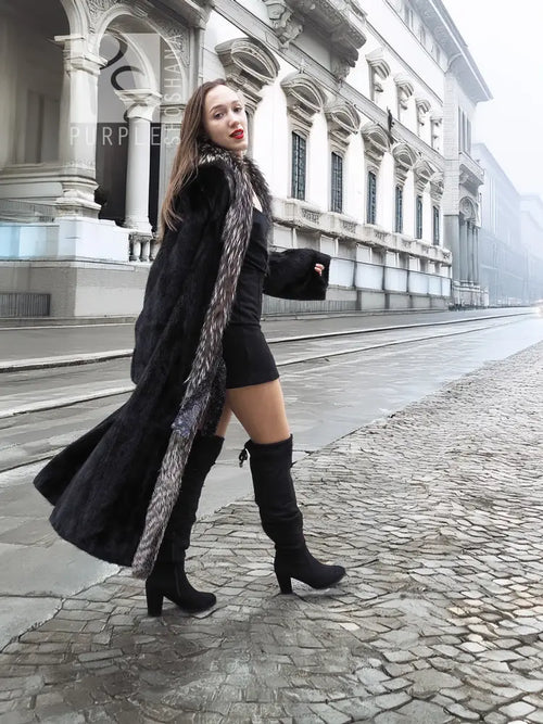 Black mink coat with flowing hem and silver fox fur collar, long sleeves
