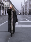 Black mink coat with silver fox fur collar, long open front