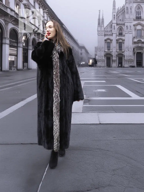 Black mink coat with silver fox fur collar, long open front
